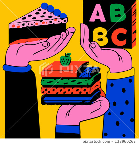 Hands Holding Cake, Books, and ABC Blocks 138960262