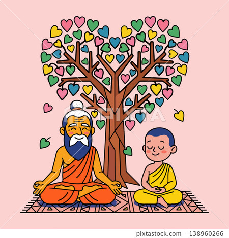 Guru and Disciple Meditating Under Bodhi Tree 138960266