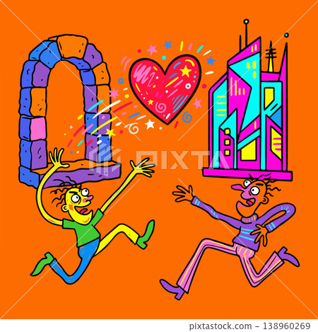 Cartoon Figures Chasing Love and City Dreams Cartoon Figures Chasing Love and City Dreams 138960269