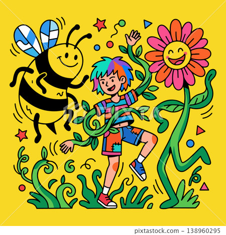 Cartoon Illustration of a Boy, Bee, and Flower Cartoon Illustration of a Boy, Bee, and Flower 138960295