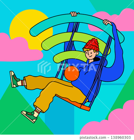 Man Swinging on WiFi Symbol Man Swinging on WiFi Symbol 138960303