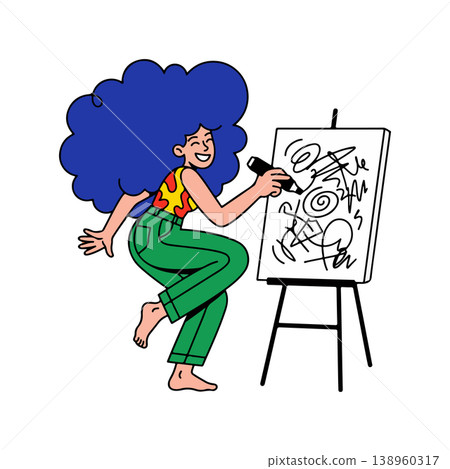 Woman with Blue Hair Drawing on Canvas Woman with Blue Hair Drawing on Canvas 138960317