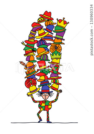 Man Balancing Stack of Colorful Hats 138960334