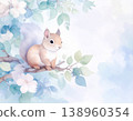 水彩風格的插畫背景，以柔和的色彩描繪了一隻松鼠和一些植物。 138960354