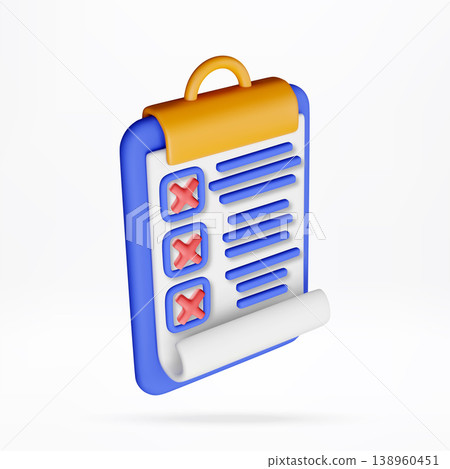3D Clipboard with a checklist and red cross marks 3D Clipboard with a checklist and red cross marks 138960451