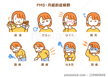 8-Piece Illustration Set of Premenstrual Syndrome (PMS) Symptoms | Pre-Menstrual Period & Hormone Balance 8-Piece Illustration Set of Premenstrual Syndrome (PMS) Symptoms | Pre-Menstrual Period & Hormone Balance 138960689