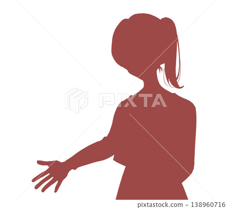 A woman with a ponytail reaching out her hand; wearing a cardigan; silhouette. A woman with a ponytail reaching out her hand; wearing a cardigan; silhouette. 138960716
