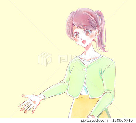 一位綁著馬尾、穿著開襟羊毛衫、微笑的女子伸出了手。 138960719