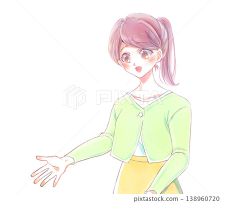 一位綁著馬尾、穿著開襟羊毛衫、微笑的女子伸出了手。 138960720