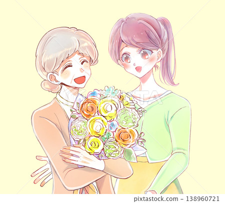 A young woman smiles as she stands beside an elderly person holding a bouquet of flowers. 138960721