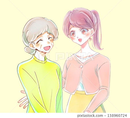 A young woman smiles as she comforts an elderly person. A young woman smiles as she comforts an elderly person. 138960724
