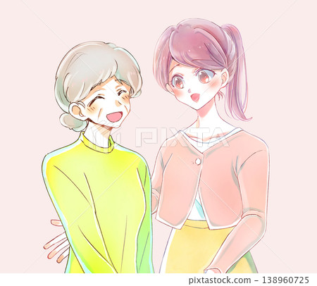 一位年輕女子微笑著安慰一位老人。 一位年輕女子微笑著安慰一位老人。 138960725