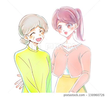 A young woman smiles as she comforts an elderly person. A young woman smiles as she comforts an elderly person. 138960726