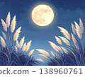 一幅充滿奇幻色彩的背景圖，展現了日本的魅力：一輪滿月和蘆葦在秋夜的星空中閃耀。 138960761
