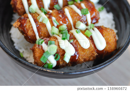 fried pork and rice, pork ball or fried sausage and rice or Breaded Pork Cutlet Bowl or Butadon or Deep fried Pork Cutlet on Rice or Japanese pork cutlet rice bowlJapanese pork rice bowl fried pork and rice, pork ball or fried sausage and rice or Breaded Pork Cutlet Bowl or Butadon or Deep fried Pork Cutlet on Rice or Japanese pork cutlet rice bowlJapanese pork rice bowl 138960872
