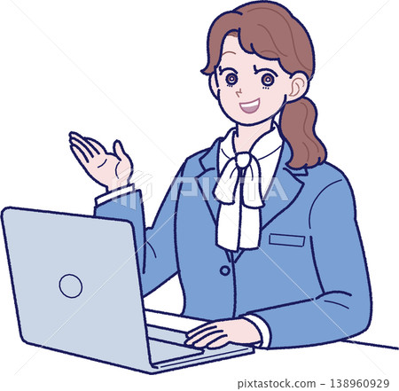 An illustration of a young woman in a suit explaining something in front of a laptop. An illustration of a young woman in a suit explaining something in front of a laptop. 138960929