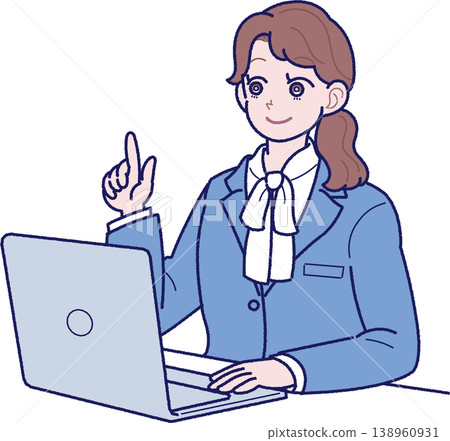 An illustration of a young woman in a suit explaining something in front of a laptop. An illustration of a young woman in a suit explaining something in front of a laptop. 138960931