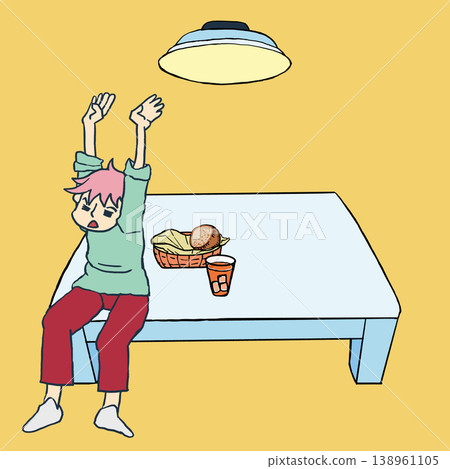 一幅奇怪的卡通插圖，描繪了一個開始新生活的年輕人，舉止粗魯地坐在餐桌旁放鬆。 138961105