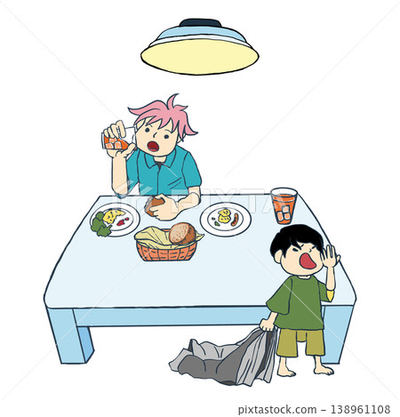 A cartoon illustration of an older brother eating breakfast at the dining table and a younger brother getting dressed while yawning. 138961108