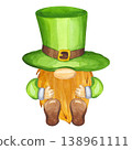 Leprechaun or gnome in green suit, hat with red beard. Character for Happy Saint Patrick Day. Hand drawn watercolor illustration isolated background. Irish holiday parade Happy March 17th. 138961111