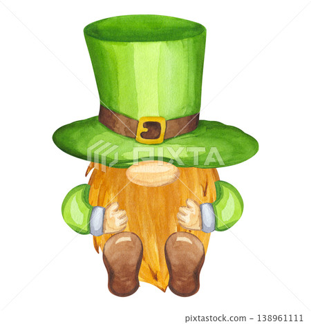 Leprechaun or gnome in green suit, hat with red beard. Character for Happy Saint Patrick Day. Hand drawn watercolor illustration isolated background. Irish holiday parade Happy March 17th. Leprechaun or gnome in green suit, hat with red beard. Character for Happy Saint Patrick Day. Hand drawn watercolor illustration isolated background. Irish holiday parade Happy March 17th. 138961111