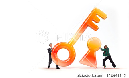 Business people interacting with large key and keyhole symbols representing relationships. 138961142