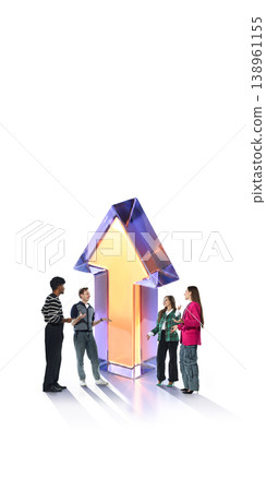 Diverse business team discussing growth strategy near large upward arrow symbol on white. Diverse business team discussing growth strategy near large upward arrow symbol on white. 138961155