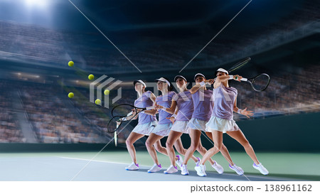 Female tennis player multiple motion sequence hitting ball on stadium court. Female tennis player multiple motion sequence hitting ball on stadium court. 138961162