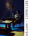 Elegant woman smoking cigar and drinking whiskey in armchair under dramatic studio lighting. 138961188