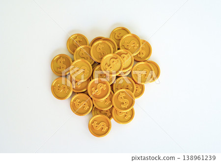 Pile of gold-colored 3D printed coins with embossed dollar signs on a clean white background. Concept for finance, currency, wealth, and digital manufacturing. Top-down view of plastic gold money. Pile of gold-colored 3D printed coins with embossed dollar signs on a clean white background. Concept for finance, currency, wealth, and digital manufacturing. Top-down view of plastic gold money. 138961239