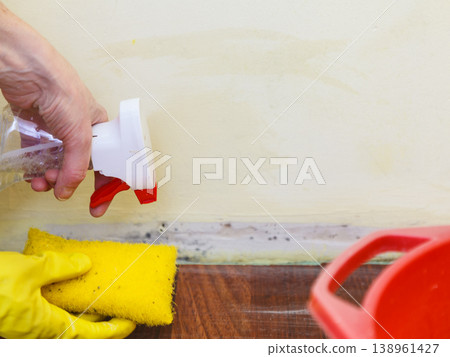 Person washing mold out of wall 138961427
