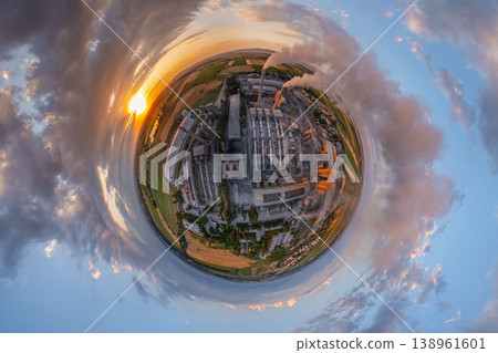 Little planet projection of cement plant with smokestacks and fields at sunset, drone view Little planet projection of cement plant with smokestacks and fields at sunset, drone view 138961601