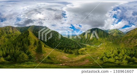 aerial spherical 360 panorama in equirectangular projection of mountainous landscape in Kyrgyzstan aerial spherical 360 panorama in equirectangular projection of mountainous landscape in Kyrgyzstan 138961607