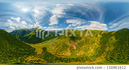 Aerial 360 panorama of Rolling Green Mountains and Winding River in Kyrgyzstan Aerial 360 panorama of Rolling Green Mountains and Winding River in Kyrgyzstan 138961612