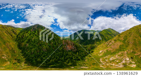 drone 360 Degree Spherical Panorama of Lush Green Mountains in Kyrgyzstan 138961629