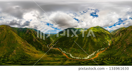 Full 360  Equirectangular Panorama of Mountain Valley with Flowing River in Kyrgyzstan, aerial view 138961630