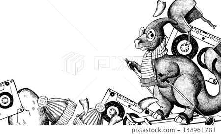 A graphic black and white frame featuring a dinosaur wearing a knitted scarf and skiing. 138961781