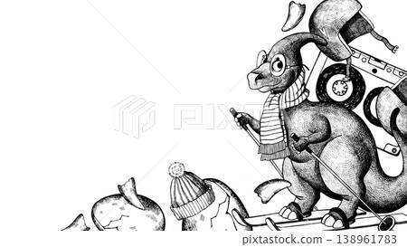 A graphic black and white frame featuring a dinosaur wearing a knitted scarf and skiing. 138961783