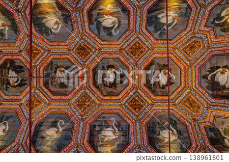 Ornate painted ceiling with swan motifs in historic palace interior Sintra Portugal Ornate painted ceiling with swan motifs in historic palace interior Sintra Portugal 138961801