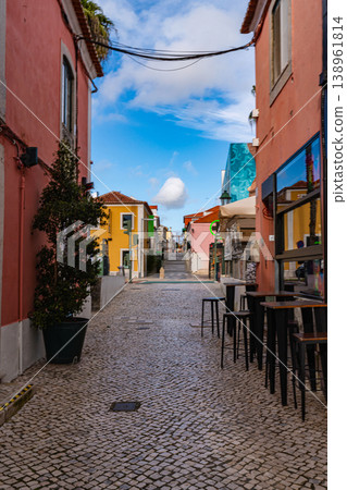 Colorful narrow street with cafes in Cascais Portugal Colorful narrow street with cafes in Cascais Portugal 138961814