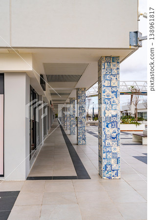 Modern walkway with azulejo tile columns in Cascais Portugal Modern walkway with azulejo tile columns in Cascais Portugal 138961817