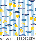 Stripes, sardines and lemon seamless pattern. Hand drawn Mediterranean food sea fish background, wallpaper, print 138961850