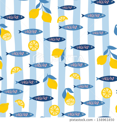 Stripes, sardines and lemon seamless pattern. Hand drawn Mediterranean food sea fish background, wallpaper, print 138961850