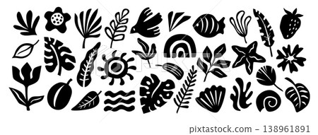 Summer set with black tropical leaves, fish, bird, shell, seashell, starfish, strawberry, flower, rainbow, sun and waves, abstract silhouette vector collection 138961891