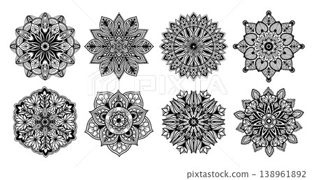 Mandala pattern vector set with floral ornamental rosettes, decorative circular medallions and symmetrical henna designs, intricate black and white monochrome ornaments 138961892