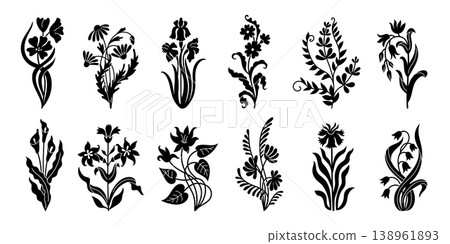 Art nouveau flowers vector set with tulip, lily, iris and daisy silhouettes, black decorative botanical stems and folk floral motifs, retro monochrome blossom collection 138961893