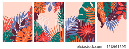 Tropical leaves banners with colorful exotic foliage, monstera, palm and philodendron framing vertical layouts with copy space, decorative jungle templates for poster or invitation 138961895