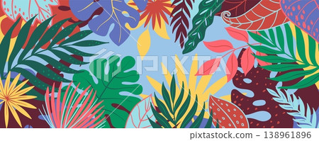 Tropical leaves background with colorful exotic foliage, monstera, palm, caladium and philodendron forming decorative frame, vibrant jungle border for banner or poster design 138961896