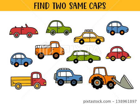 Find two same cars worksheet for preschool kids, colorful vehicle matching game with taxi, pickup, tractor and cartoon cars, educational transport puzzle for children 138961897
