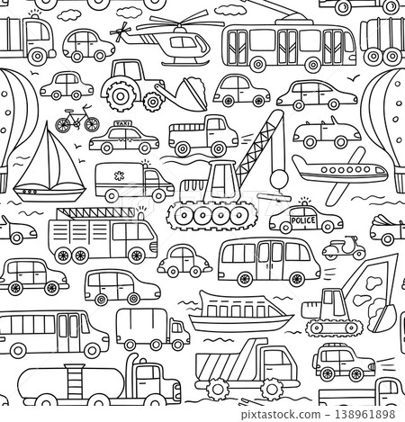 Transport seamless pattern with doodle cars, buses, trucks, taxi, police, ambulance, helicopter, airplane and boat, hand drawn monochrome vehicle texture for kids wallpaper Transport seamless pattern with doodle cars, buses, trucks, taxi, police, ambulance, helicopter, airplane and boat, hand drawn monochrome vehicle texture for kids wallpaper 138961898